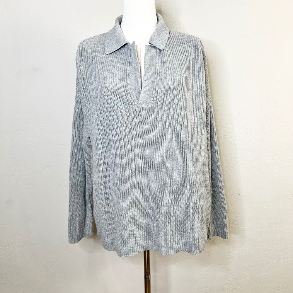 Eileen Fisher Organic Cotton Cashmere Ribbed Collared Polo Sweater Grey Small